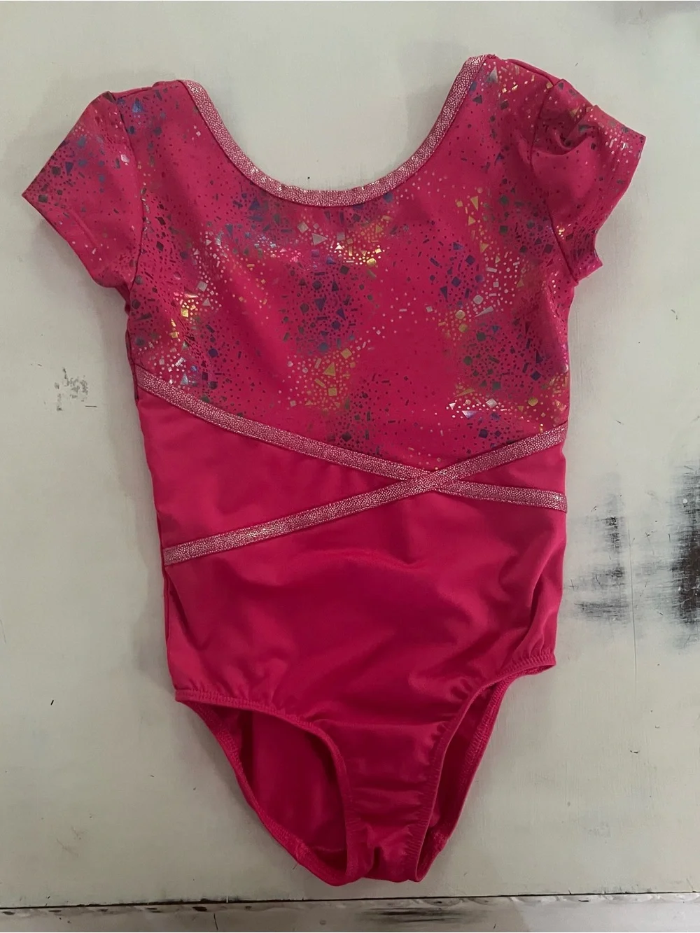 Danskin Pink Gymnastics Leotard Sparkle Chest Crisscross Waist Girls Dance XS